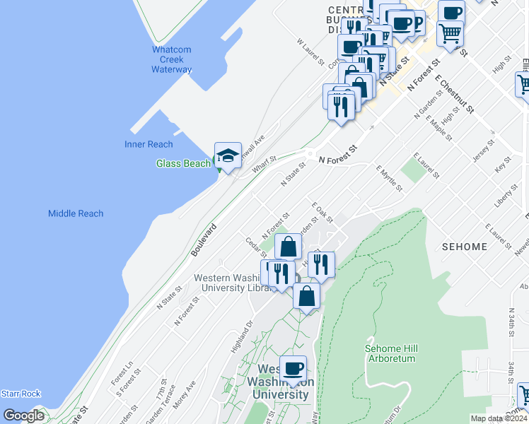 map of restaurants, bars, coffee shops, grocery stores, and more near 311 Pine Street in Bellingham