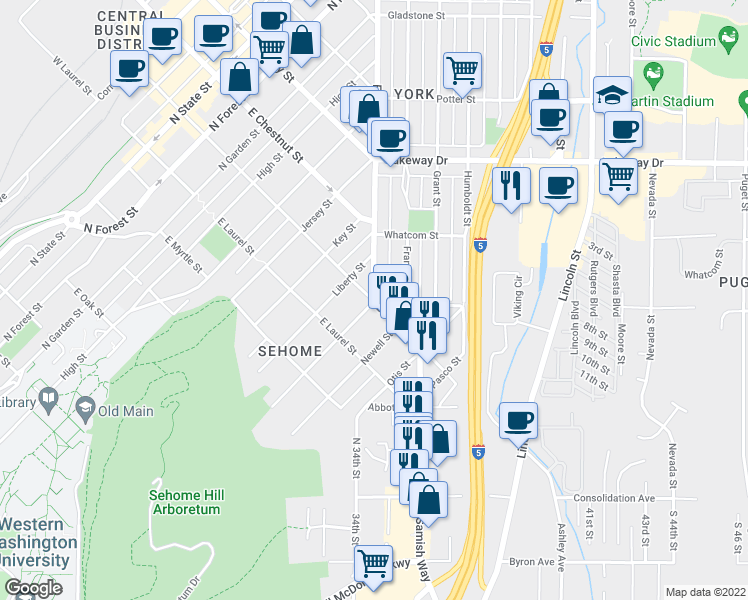 map of restaurants, bars, coffee shops, grocery stores, and more near Ellis St & E Maple St in Bellingham