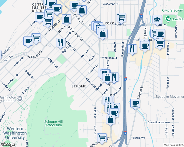 map of restaurants, bars, coffee shops, grocery stores, and more near 1014 Liberty Street in Bellingham
