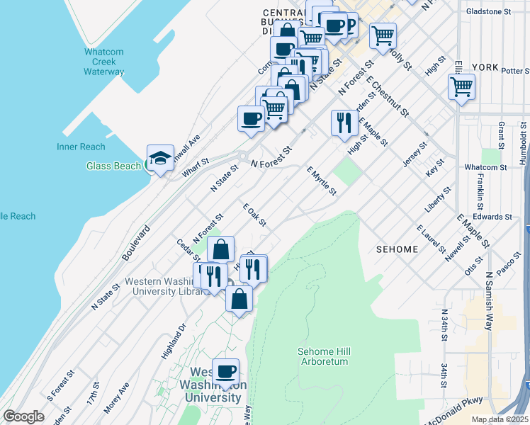 map of restaurants, bars, coffee shops, grocery stores, and more near 698 North Garden Street in Bellingham