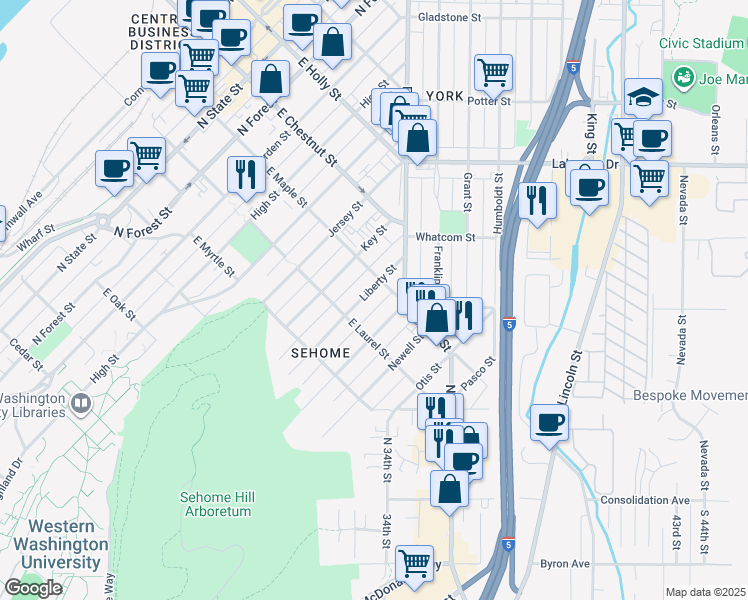 map of restaurants, bars, coffee shops, grocery stores, and more near 1014 Liberty Street in Bellingham