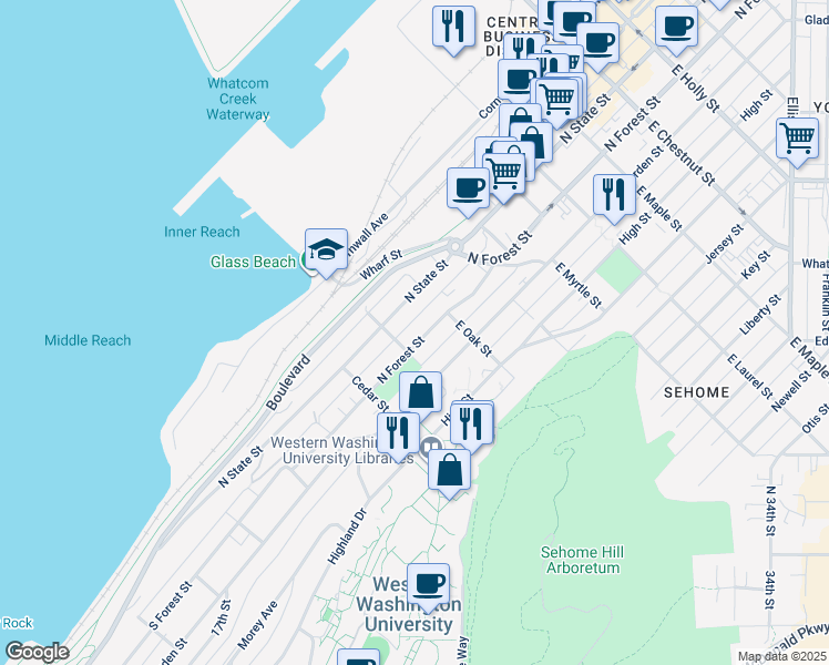 map of restaurants, bars, coffee shops, grocery stores, and more near 311 Pine Street in Bellingham