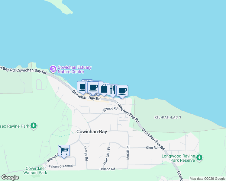 map of restaurants, bars, coffee shops, grocery stores, and more near 1705 Cowichan Bay Road in Cowichan Bay
