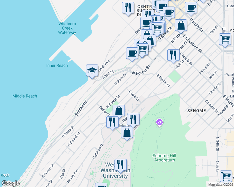 map of restaurants, bars, coffee shops, grocery stores, and more near 609 North Forest Street in Bellingham