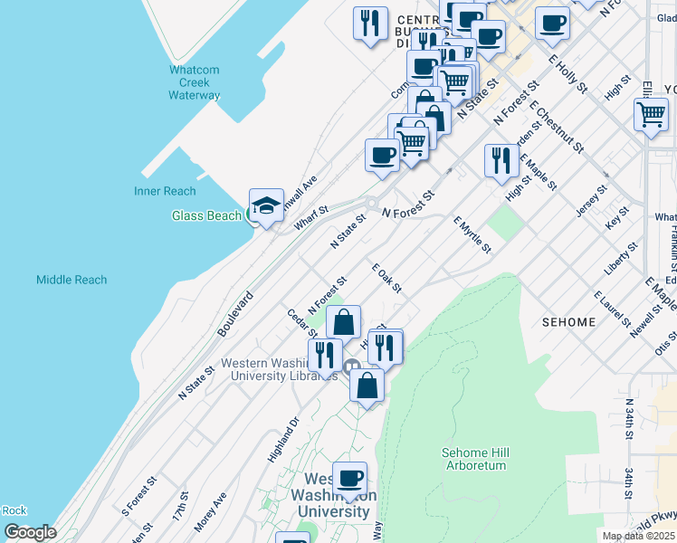 map of restaurants, bars, coffee shops, grocery stores, and more near 311 Pine Street in Bellingham