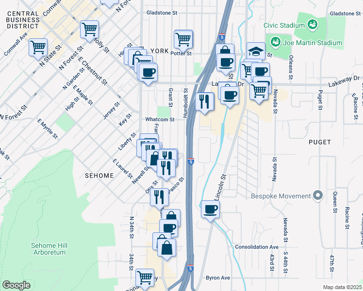 map of restaurants, bars, coffee shops, grocery stores, and more near 1100 Humboldt Street in Bellingham