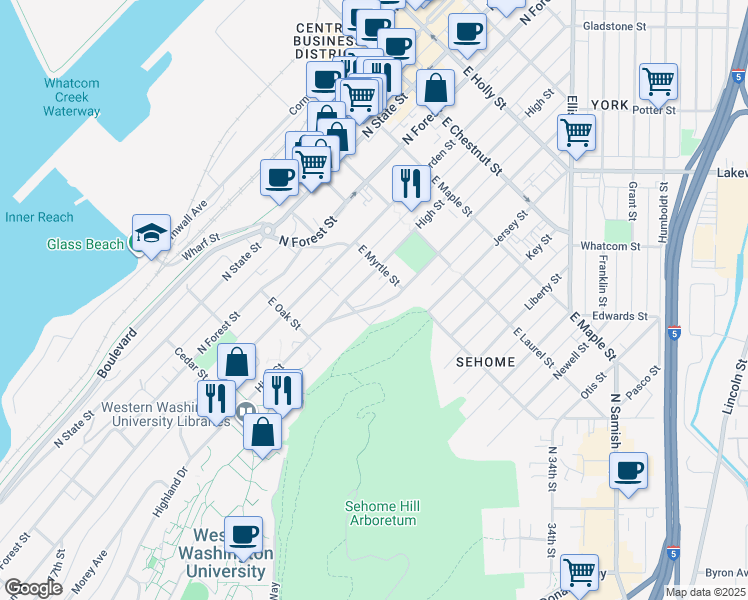 map of restaurants, bars, coffee shops, grocery stores, and more near 813 Billy Frank Jr. Street in Bellingham