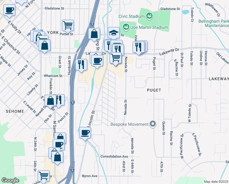 map of restaurants, bars, coffee shops, grocery stores, and more near 1042 Edwards Street in Bellingham