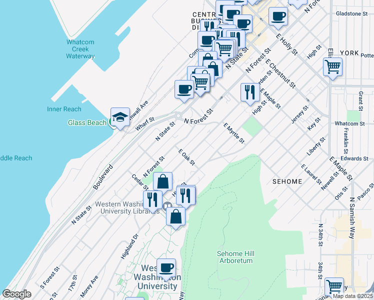 map of restaurants, bars, coffee shops, grocery stores, and more near 698 North Garden Street in Bellingham