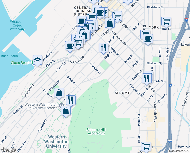 map of restaurants, bars, coffee shops, grocery stores, and more near 818 Indian Terrace in Bellingham