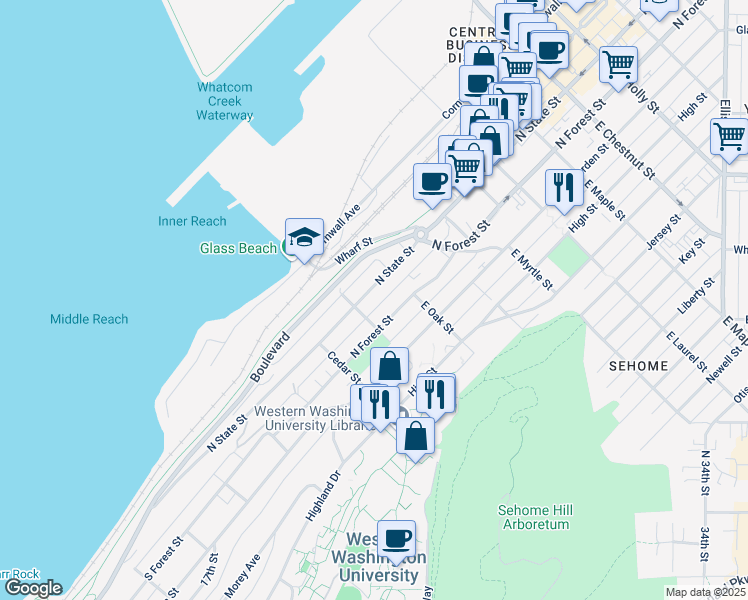 map of restaurants, bars, coffee shops, grocery stores, and more near 311 Pine Street in Bellingham