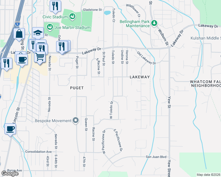 map of restaurants, bars, coffee shops, grocery stores, and more near 1101 Toledo Street in Bellingham