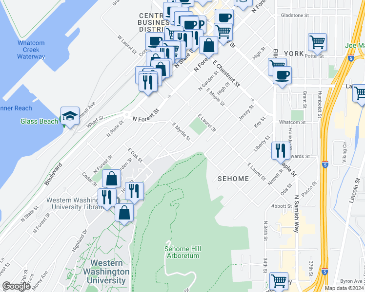 map of restaurants, bars, coffee shops, grocery stores, and more near 818 Indian Terrace in Bellingham