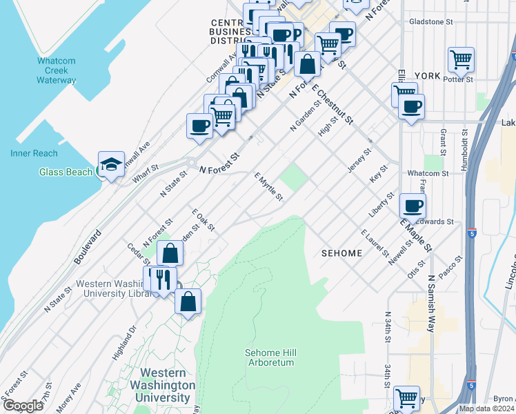 map of restaurants, bars, coffee shops, grocery stores, and more near 800 High Street in Bellingham