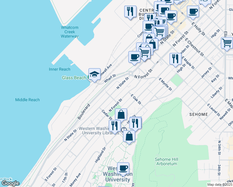 map of restaurants, bars, coffee shops, grocery stores, and more near 311 Pine Street in Bellingham