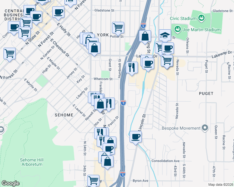 map of restaurants, bars, coffee shops, grocery stores, and more near 1123 Humboldt Street in Bellingham