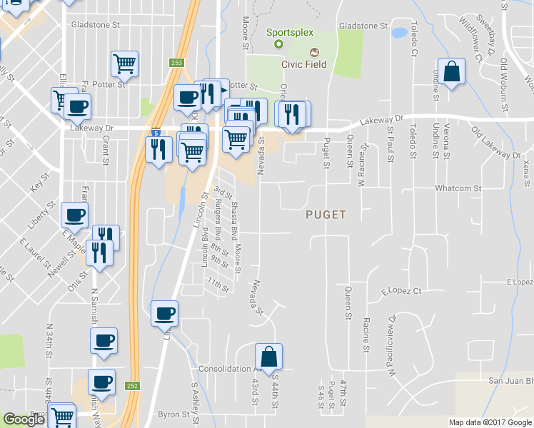 map of restaurants, bars, coffee shops, grocery stores, and more near in Bellingham