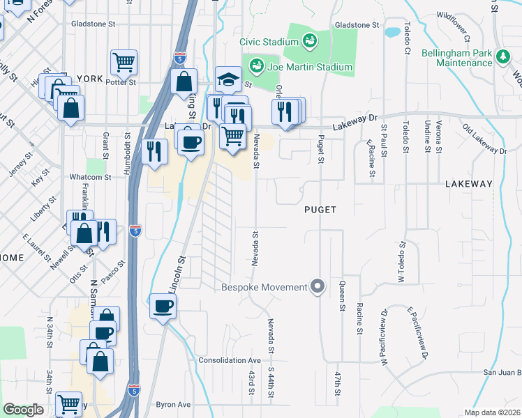 map of restaurants, bars, coffee shops, grocery stores, and more near in Bellingham