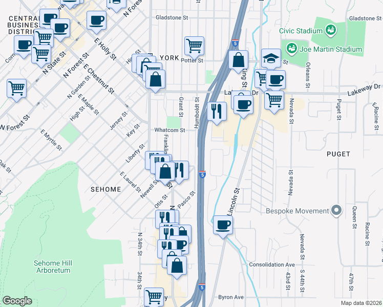 map of restaurants, bars, coffee shops, grocery stores, and more near 1100 Grant Street in Bellingham