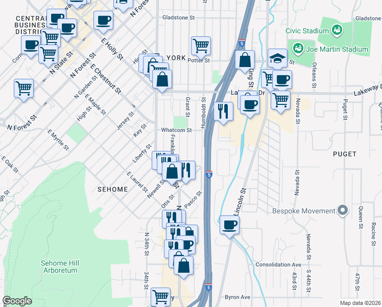 map of restaurants, bars, coffee shops, grocery stores, and more near 1100 Grant Street in Bellingham