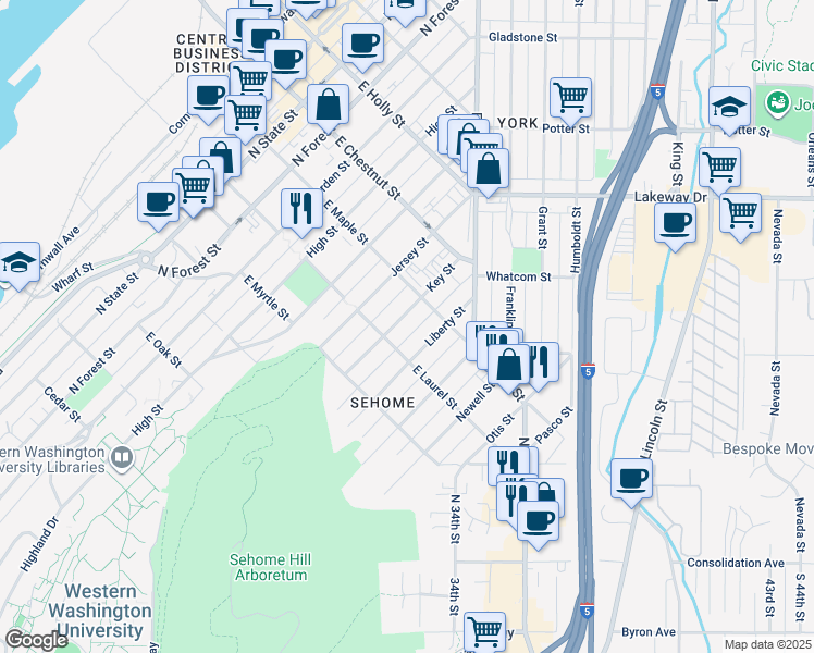 map of restaurants, bars, coffee shops, grocery stores, and more near 912 East Laurel Street in Bellingham