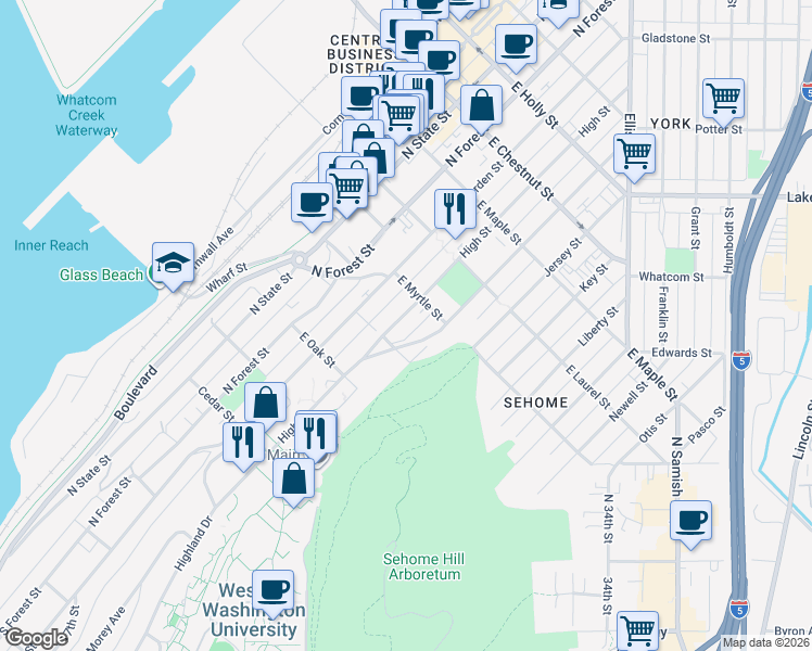 map of restaurants, bars, coffee shops, grocery stores, and more near 800 High Street in Bellingham