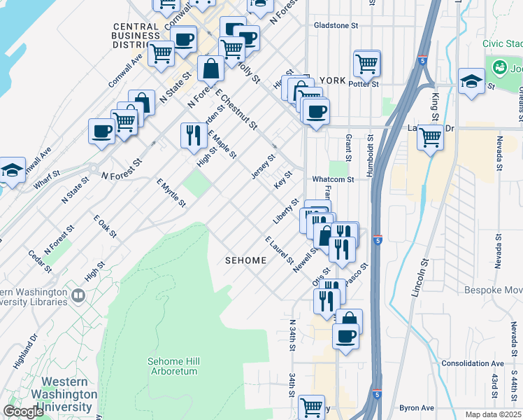 map of restaurants, bars, coffee shops, grocery stores, and more near 912 East Laurel Street in Bellingham
