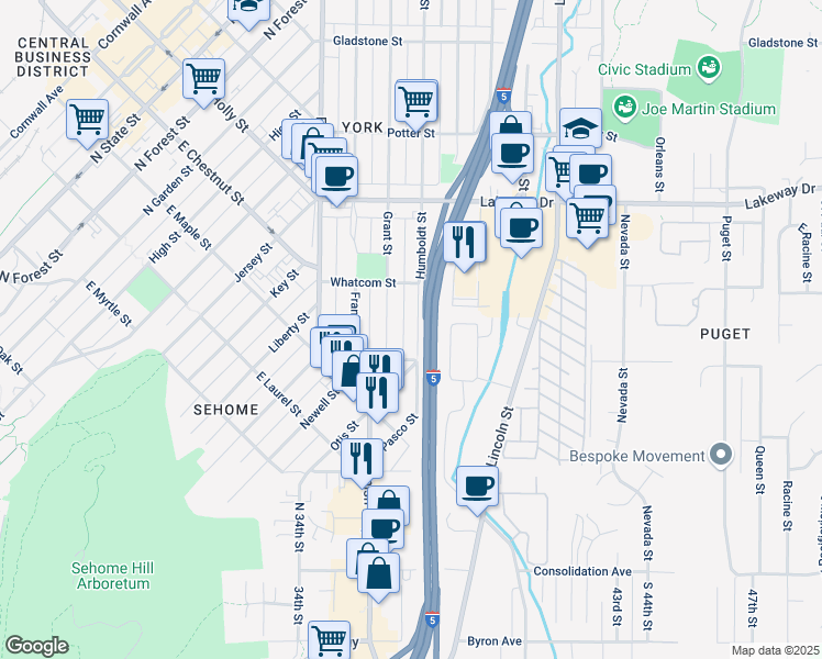 map of restaurants, bars, coffee shops, grocery stores, and more near 1100 Humboldt Street in Bellingham