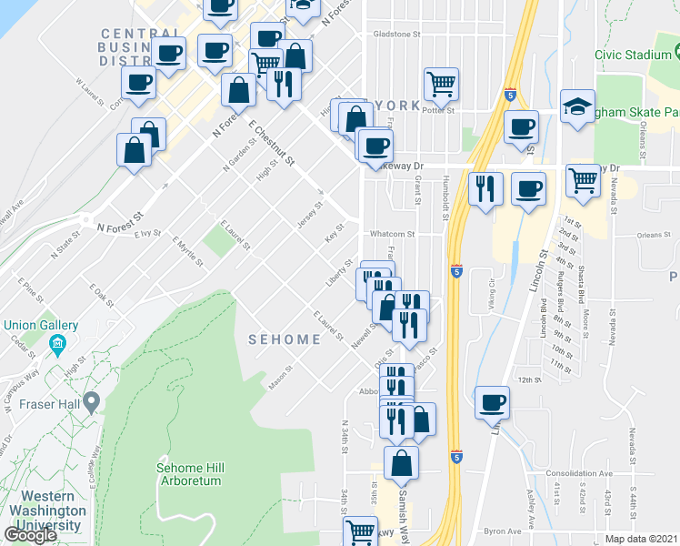 map of restaurants, bars, coffee shops, grocery stores, and more near E Maple St & Liberty St in Bellingham