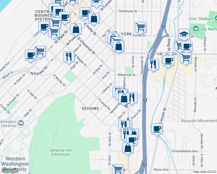 map of restaurants, bars, coffee shops, grocery stores, and more near 1014 Liberty Street in Bellingham