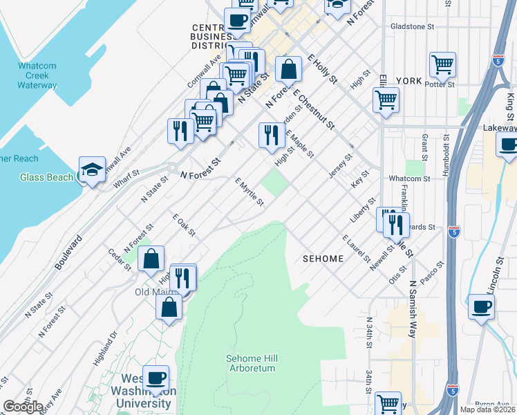 map of restaurants, bars, coffee shops, grocery stores, and more near 818 East Ivy Street in Bellingham