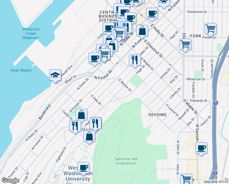map of restaurants, bars, coffee shops, grocery stores, and more near 800 High Street in Bellingham