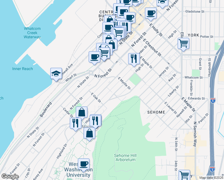 map of restaurants, bars, coffee shops, grocery stores, and more near 717 High Street in Bellingham