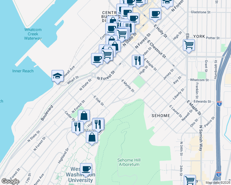 map of restaurants, bars, coffee shops, grocery stores, and more near 717 High Street in Bellingham