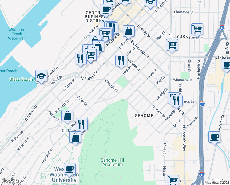 map of restaurants, bars, coffee shops, grocery stores, and more near 818 East Ivy Street in Bellingham
