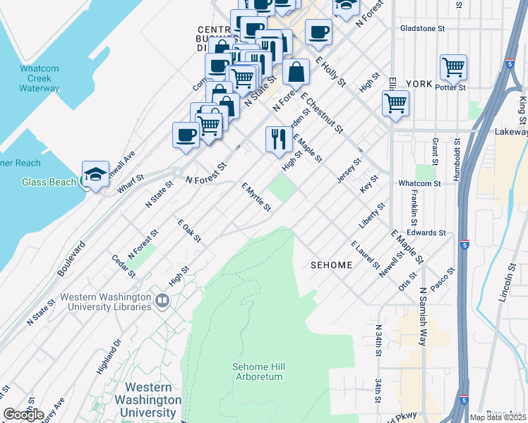 map of restaurants, bars, coffee shops, grocery stores, and more near 904 High Street in Bellingham