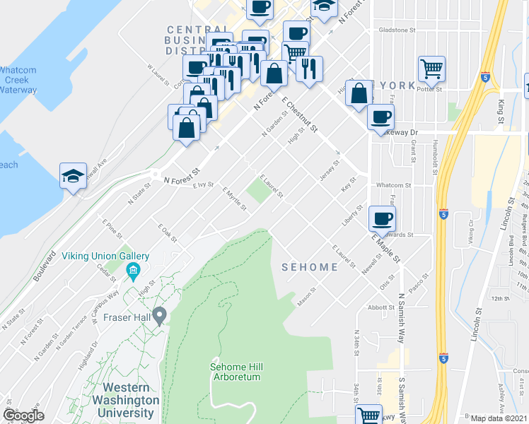 map of restaurants, bars, coffee shops, grocery stores, and more near in Bellingham