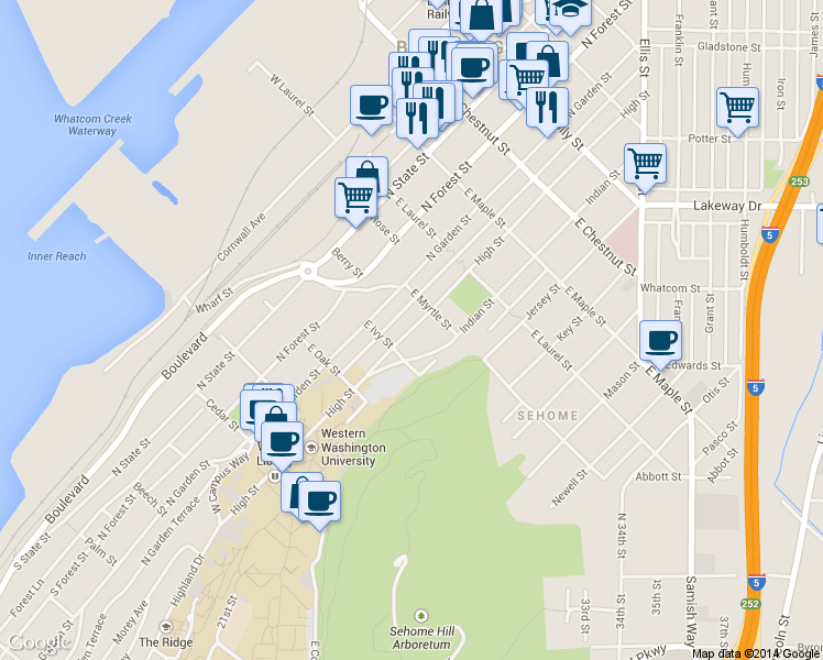 map of restaurants, bars, coffee shops, grocery stores, and more near 508 East Myrtle Street in Bellingham