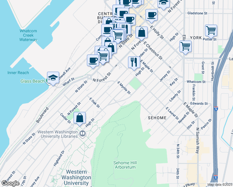 map of restaurants, bars, coffee shops, grocery stores, and more near 508 East Myrtle Street in Bellingham