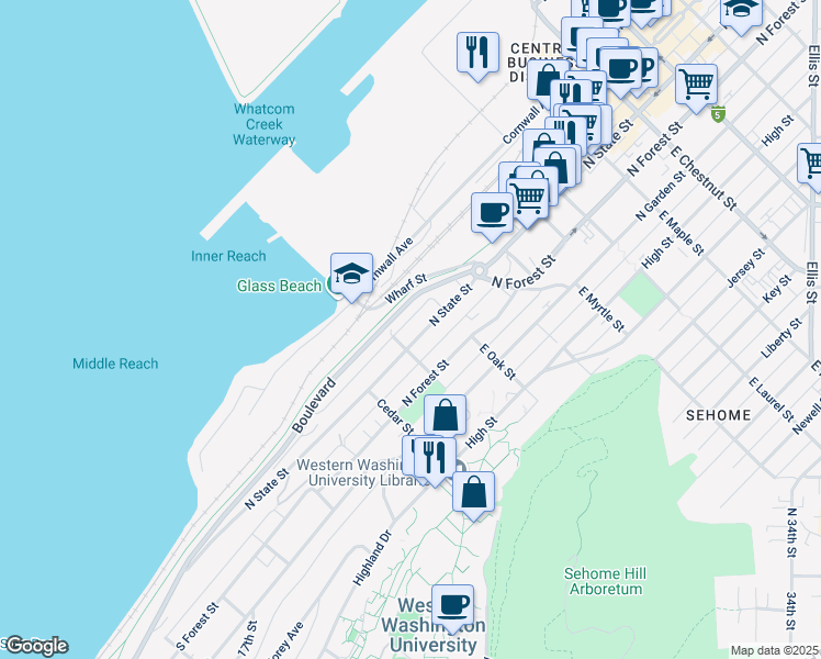 map of restaurants, bars, coffee shops, grocery stores, and more near 630 Boulevard in Bellingham