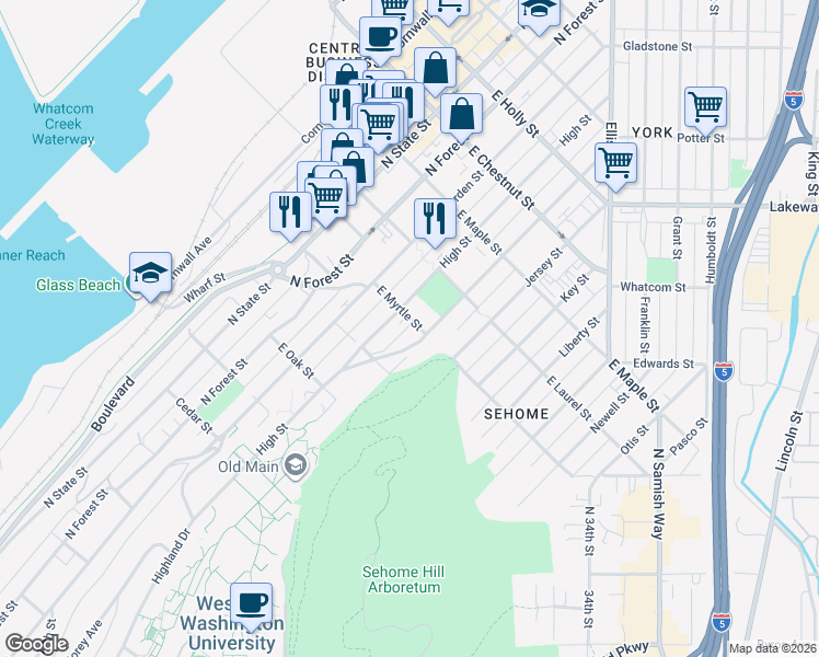 map of restaurants, bars, coffee shops, grocery stores, and more near 904 High Street in Bellingham