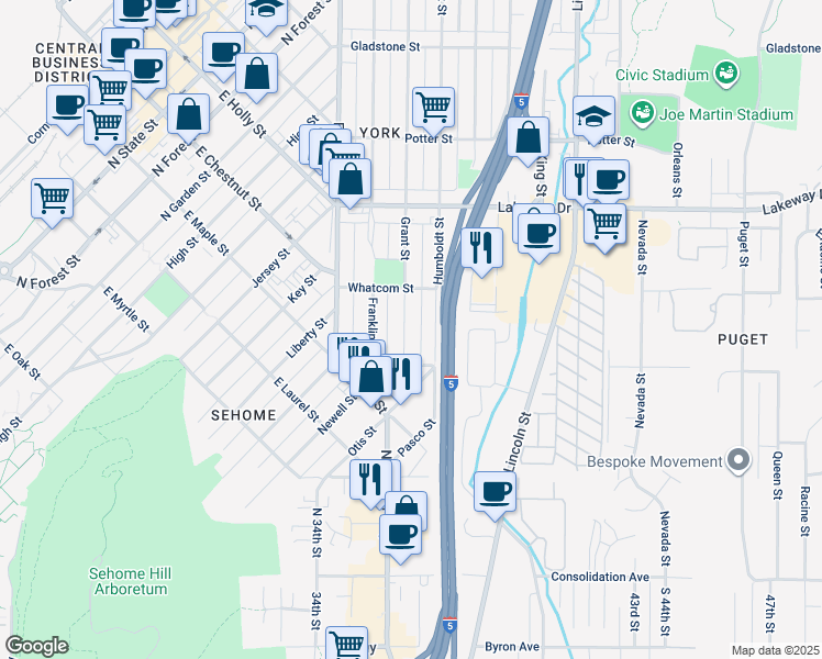 map of restaurants, bars, coffee shops, grocery stores, and more near 1128 Grant Street in Bellingham