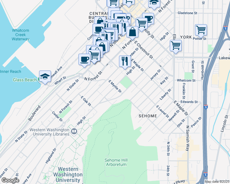 map of restaurants, bars, coffee shops, grocery stores, and more near 904 High Street in Bellingham
