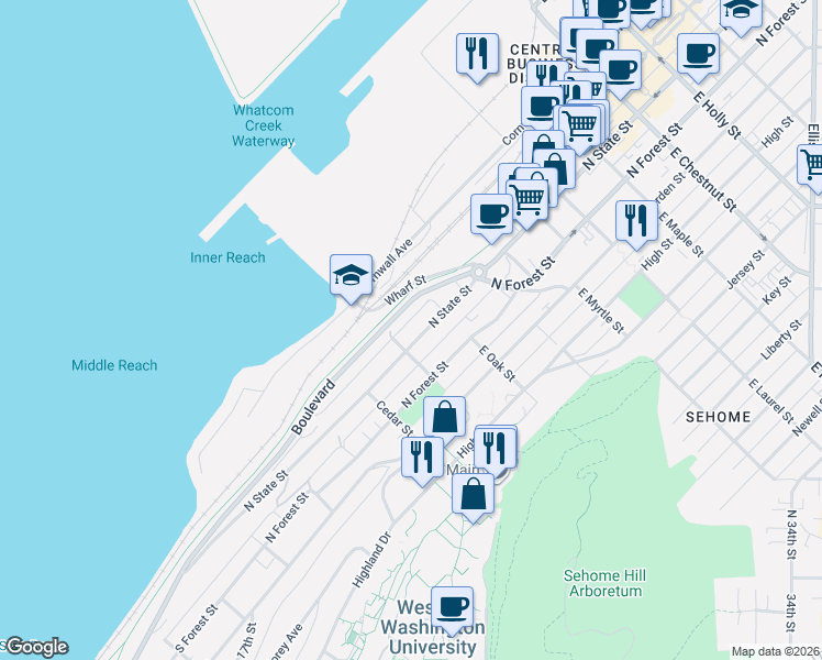 map of restaurants, bars, coffee shops, grocery stores, and more near 630 Boulevard in Bellingham