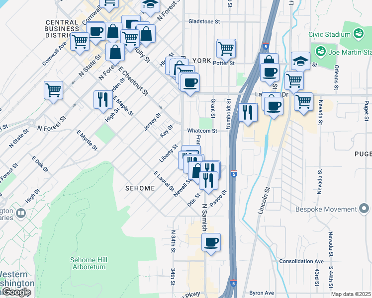 map of restaurants, bars, coffee shops, grocery stores, and more near 1151 Liberty Street in Bellingham