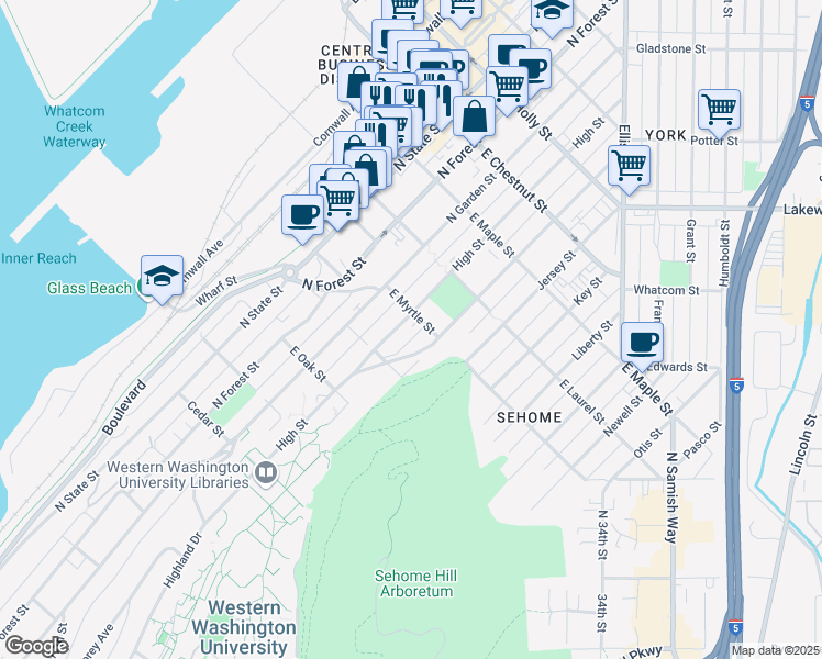 map of restaurants, bars, coffee shops, grocery stores, and more near 904 High Street in Bellingham