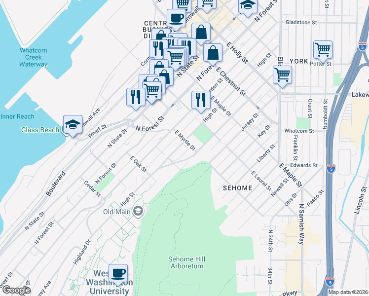 map of restaurants, bars, coffee shops, grocery stores, and more near 904 High Street in Bellingham