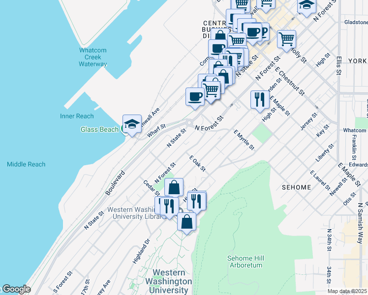 map of restaurants, bars, coffee shops, grocery stores, and more near 704 North State Street in Bellingham