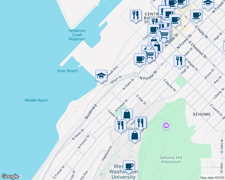 map of restaurants, bars, coffee shops, grocery stores, and more near 600 Cornwall Avenue in Bellingham