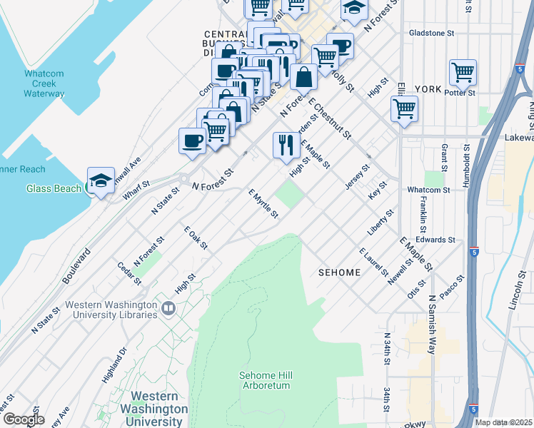 map of restaurants, bars, coffee shops, grocery stores, and more near 904 High Street in Bellingham